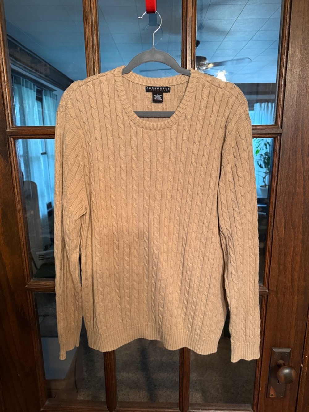 Consensus Sportswear Mens Tan 100% Cotton Cable Knit Crewneck Sweater‎ Large L